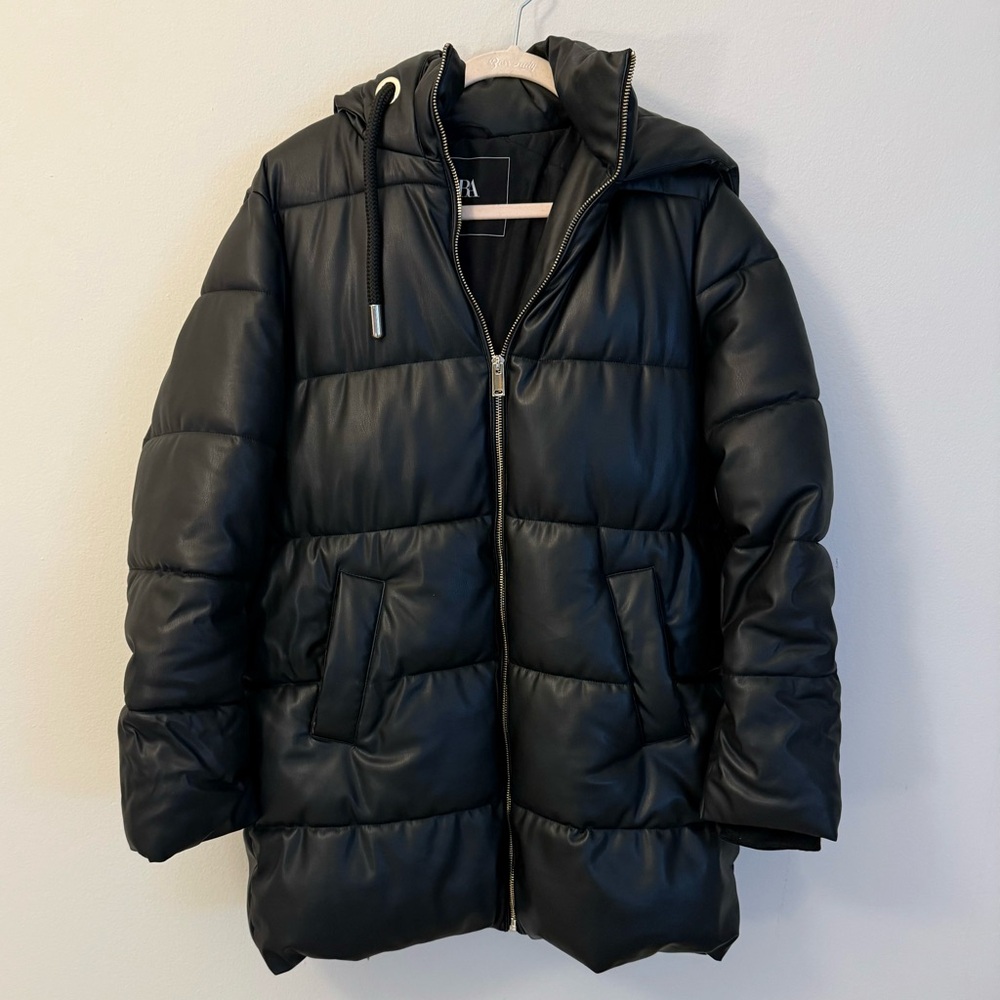Zara oversized women faux leather full zip up puffer coat size xs